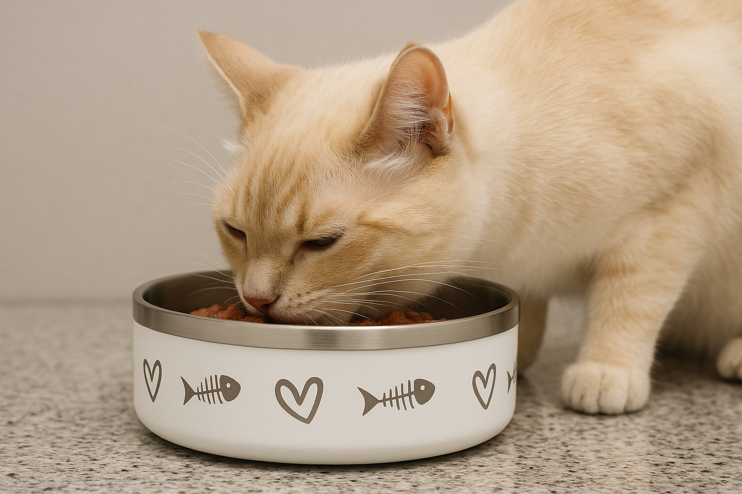 Cat eating from a white bowl with heart and fish designs on a neutral background