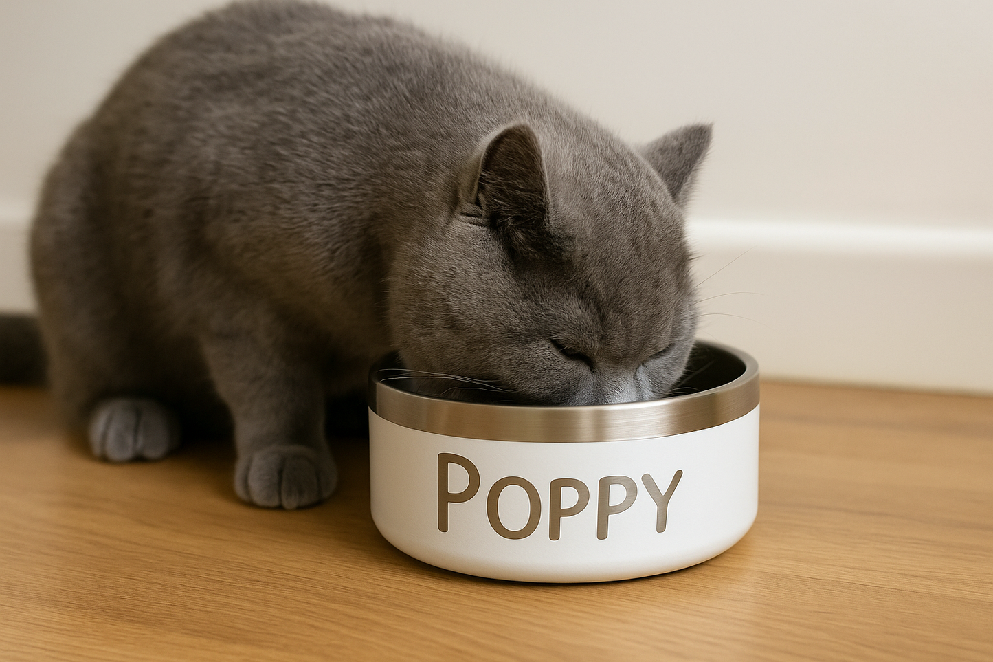 Grey cat drinking from a white personalised pet bowl labelled 'Poppy' on a wooden floor.