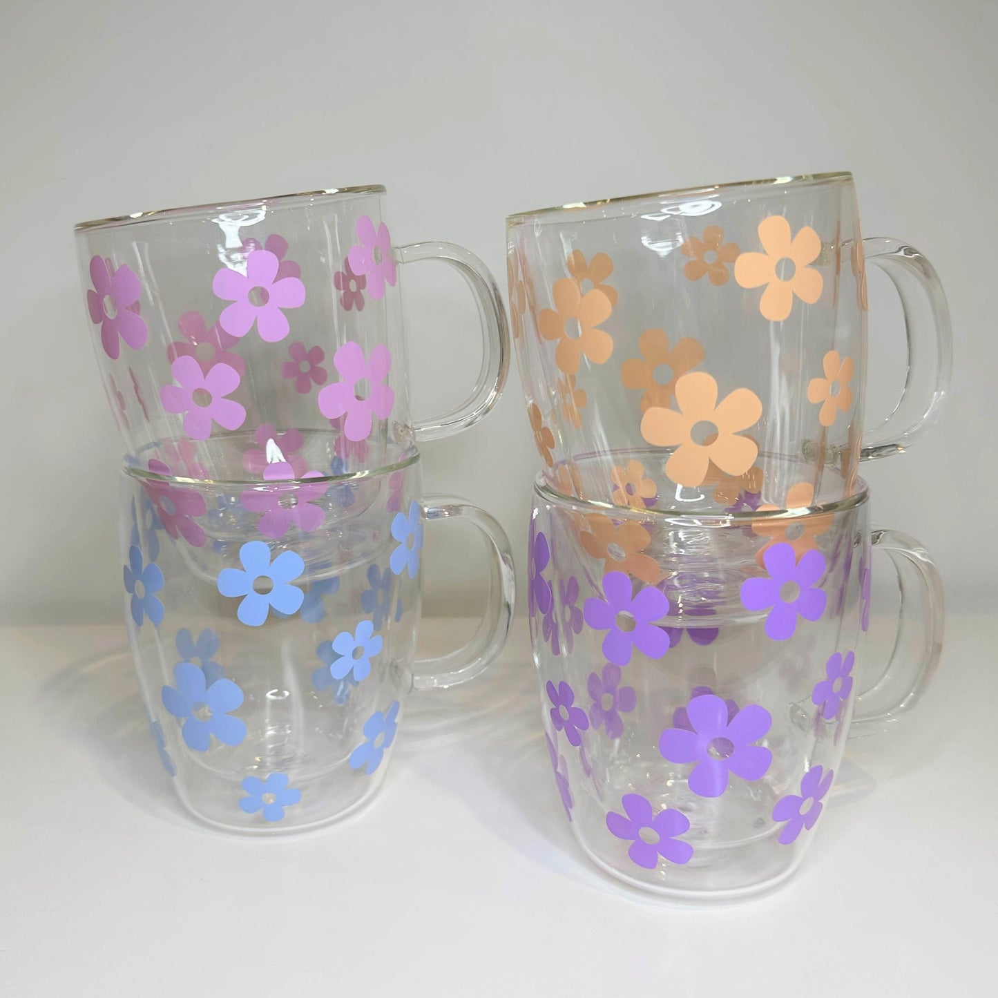 Coloured Flowers - Double Walled Glass Mugs