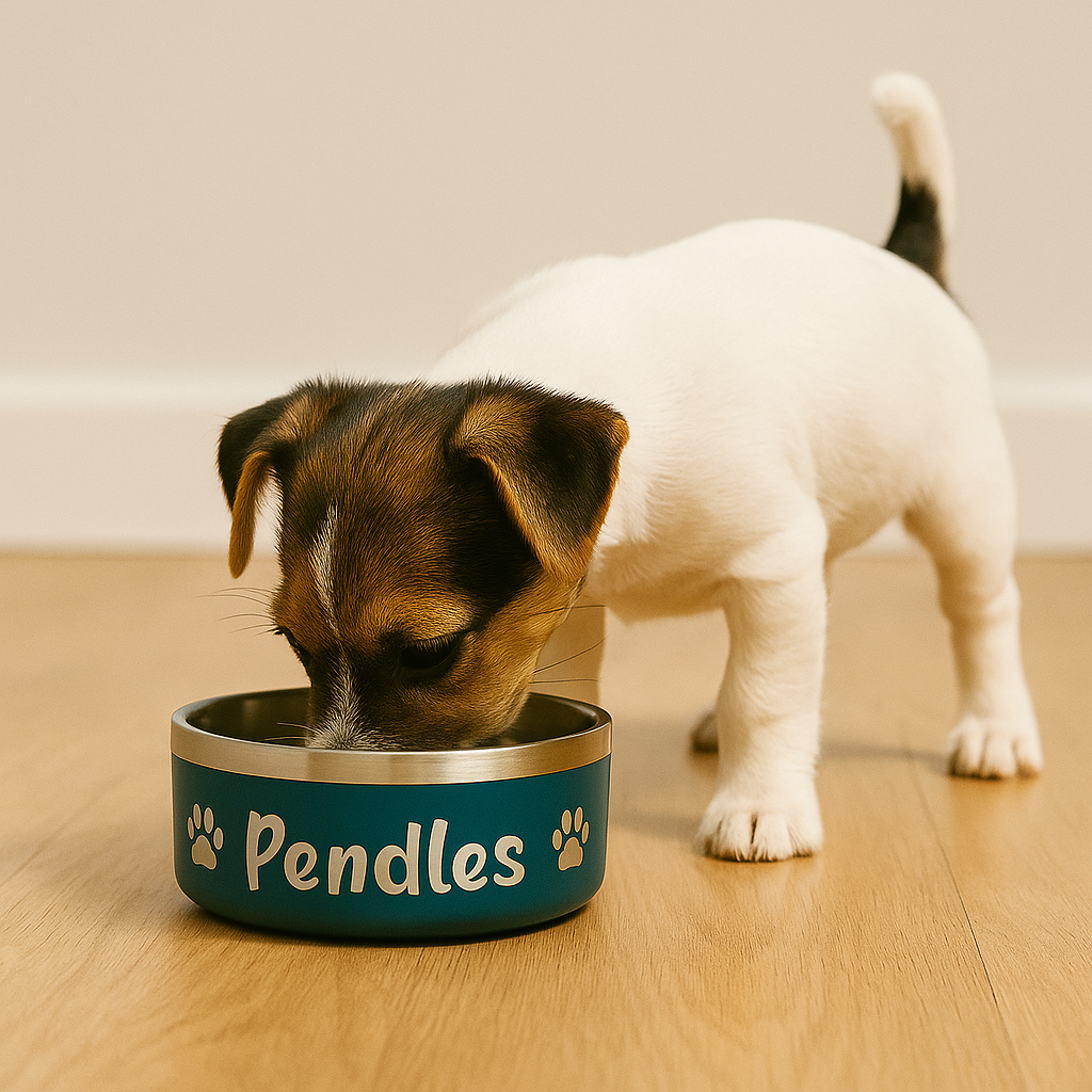 Puppy drinking from a Teal Personalised Pet Bowl with 'Pendles' branding on a wooden floor.