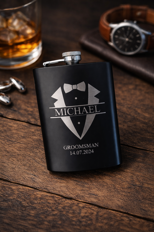 Black flask with engraved design and text on a wooden surface with a glass of whiskey and watch.
