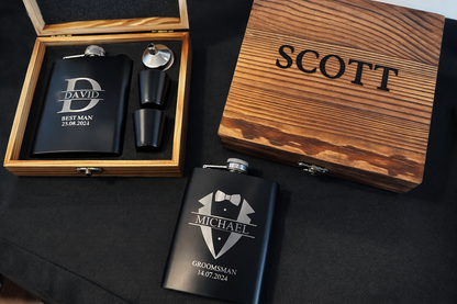 Personalised Engraved Whiskey Flask Set in Wooden Box
