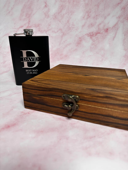 Personalised Engraved Whiskey Flask Set in Wooden Box