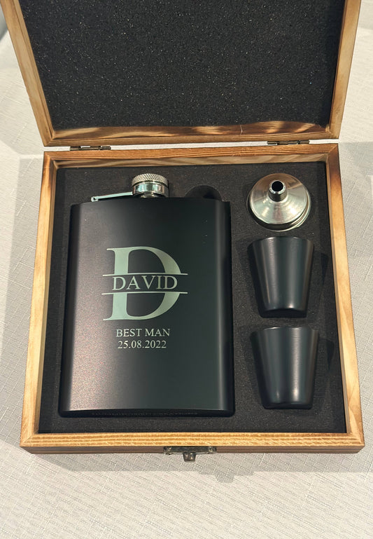 Personalised Engraved Whiskey Flask Set in Wooden Box